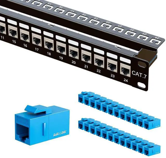 Main image of iwillink 24 Port Cat7 Patch Panel, RJ45 Through Coupler 1U Shielded Patch Panel STP 19-Inch with Back Bar, Wallmount or Rackmount, Compatible with Cat5e, Cat6, Cat6A, Cat7 Cabling and Ethernet Coupler