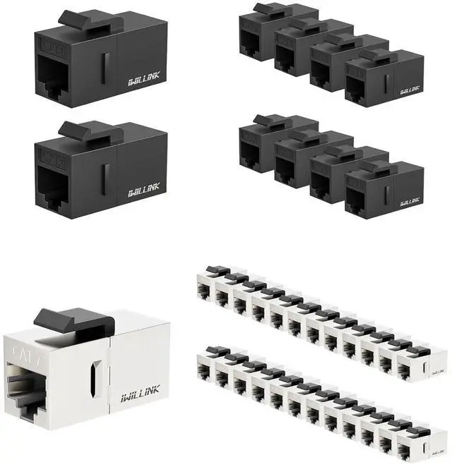 Main image of iwillink RJ45 Cat6 Keystone Coupler 10-Pack, Female to Female Cat6 Keystone Jack, UTP Keystone Coupler Insert, Black and CAT7 Coupler RJ45 Keystone Shielded Coupler