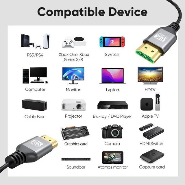 Alt view image 7 of 7 - 8K Slim HDMI Cables 15FT 5-Pack, 48Gbps Ultra High-Speed, HDMI 2.1 Cord Supports VRR, ALLM, eARC, HDCP2.3, Dolby Atmos & DTS:X, HDR10+ for TV, Monitor, Computer, Laptop, Projector, PS5, Xbox