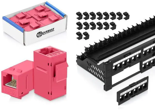 Main image of Everest Media Solutions Bundle 2 Items: 48-Port Keystone Patch Panel + 6 Pack of RJ45 CAT6 Keystone Couplers - Pink