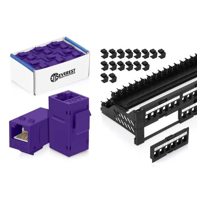 Main image of Everest Media Solutions Bundle 2 Items: 48-Port Keystone Patch Panel + 24 Pack of RJ45 CAT6 Keystone Couplers - Purple