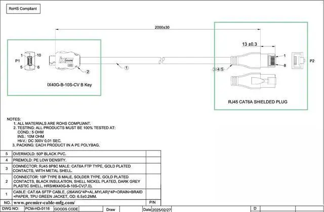 Alt view image 7 of 7 - IX Industrial Cat6A Ethernet Cable IX40G-B-10S-CV(7.0) B Key to RJ45 Plug 10Gbps Shielded SFTP Industrial Camera Cable for GigE Vision Automation Systems Machine Vision PLC(2M/6.6FT)
