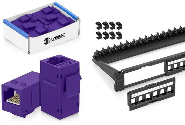 Main image of Everest Media Solutions Bundle 2 Items: 24-Port Keystone Patch Panel + 6 Pack of RJ45 CAT6 Keystone Couplers - Purple