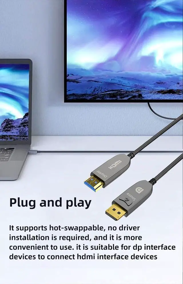 Alt view image 3 of 7 - DisplayPort to HDMI Fiber Cable 10ft, Long Extend Uni-Directional DP to HDMI 4K60Hz 18Gbps, HDR10, HDCP2.2 for Blue-ray, Projector, Computer, Laptop, 3D Video, Set Box, DVR, Game Consoles etc