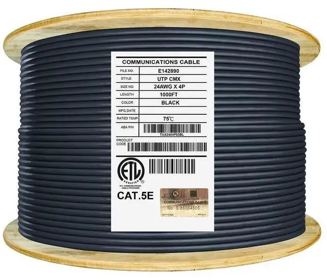Main image of Elite Cat5e Outdoor Cable. CMX - UV Resistant, 1000ft, UL Listed, 24AWG, Unshielded, 350MHz, Bulk Reel, Black