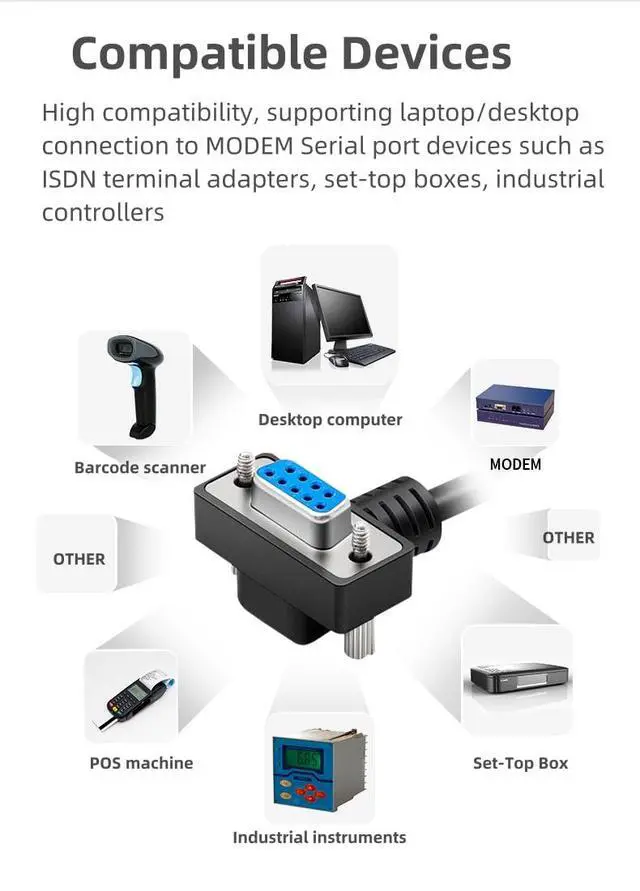 Alt view image 4 of 7 - DB9 RS232 Serial Port Cable Down Right Angle 9 Pin RS232 COM Port Connection Cable (270 Degree Nickel Plated - Male to Male, 15m)