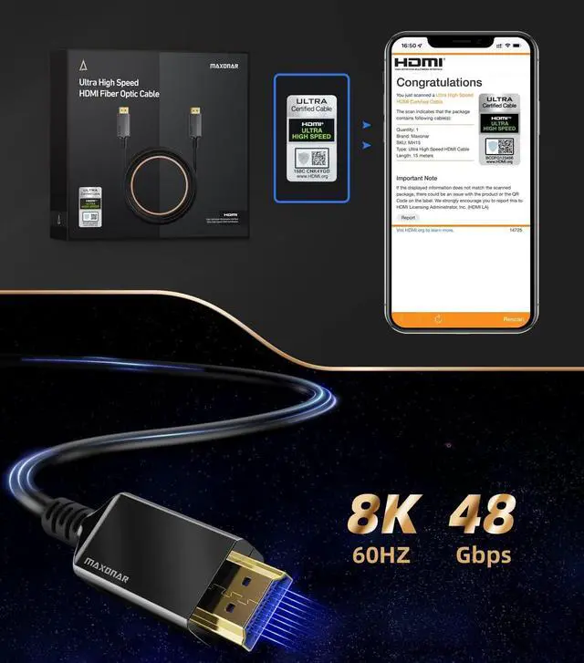 Alt view image 3 of 5 - HDMI Cable 2.1 Fiber Optic 15m 8K 48Gbps eARC 4K 120Hz High Speed Audio Video Cable