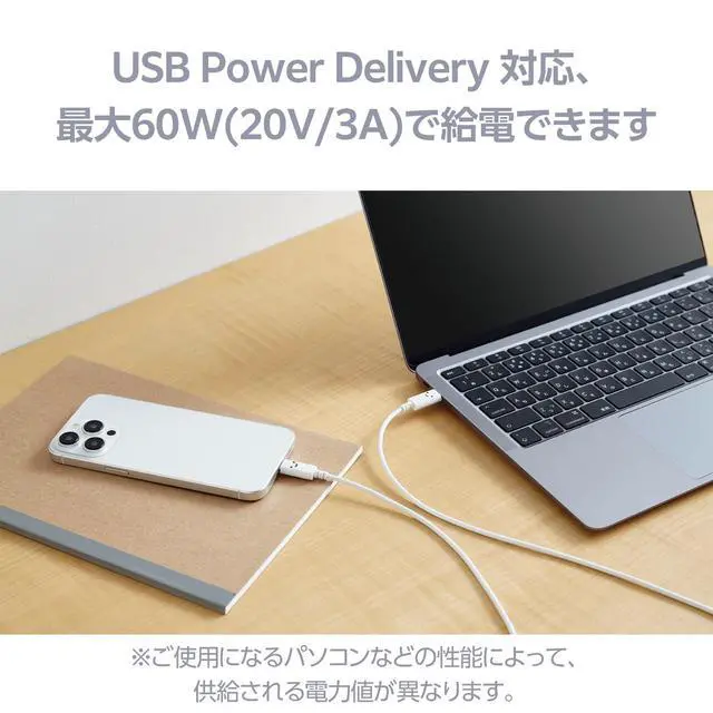 Alt view image 4 of 7 - Elecom MPA-CCF20WF USB-C & USB-C Cable, 60 W, 20 V, 3 A, 2 m, USB PD Compatible, Shiro-chan (White x Black) (iPhone 16 Series Verified Compatible)