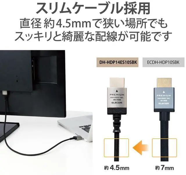 Alt view image 3 of 7 - Elecom DH-HDP14ES05SBK HDMI Cable, 1.6 ft (0.5 m), Slim, Premium High Speed, 4K, 2K (60P) Compatible, Nylon Mesh Cable, Aluminum Connector, Black