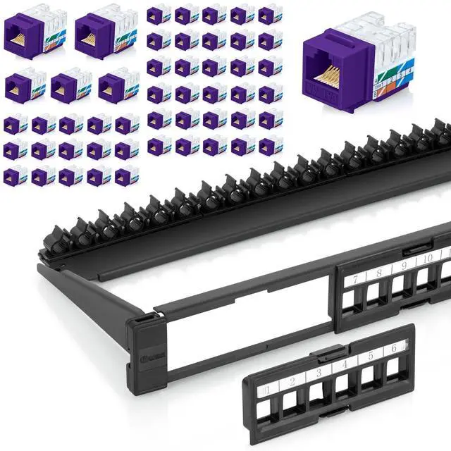 Main image of Everest Media Solutions Bundle 2 Items: 24-Port Keystone Patch Panel + 50 Pack of RJ45 CAT6A Keystone Jacks - Purple