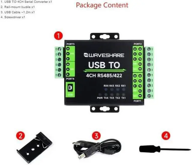 Alt view image 5 of 5 - Waveshare Isolated USB to 4-CH RS485/422 Converter with Original FT4232HL Chip, Supports USB to 4-ch RS485 or USB to 2-Ch RS485 + 2-Ch RS485/422, Supports Android, Windows 11/10 /8.1/8 /7, etc.