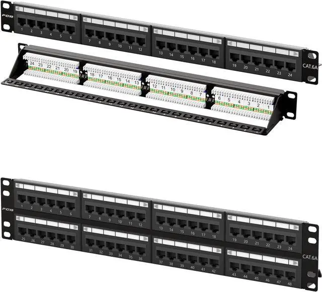 Main image of FGB 1U 24 Cat6a Port Patch Panel and 2U 48 Port Cat6a Patch Panel