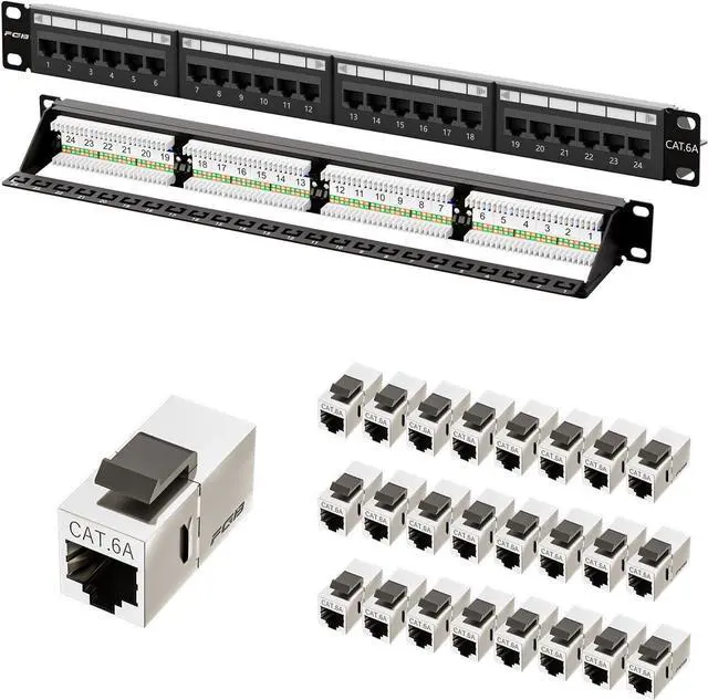 Main image of FGB 1U 24 Cat6a Port Patch Panel and 25 Pack Cat6a Shielded Keystone Coupler