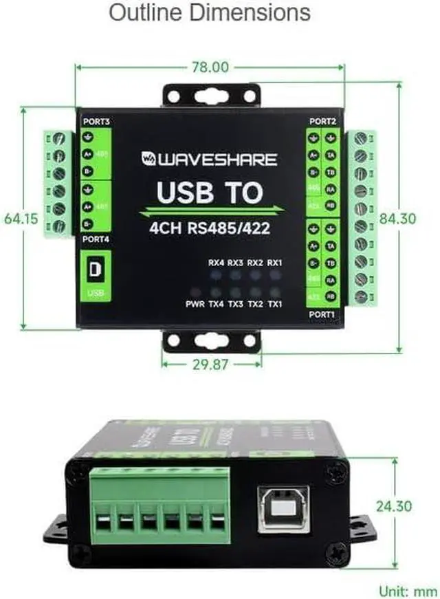 Alt view image 4 of 5 - Waveshare Isolated USB to 4-CH RS485/422 Converter with Original FT4232HL Chip, Supports USB to 4-ch RS485 or USB to 2-Ch RS485 + 2-Ch RS485/422, Supports Android, Windows 11/10 /8.1/8 /7, etc.