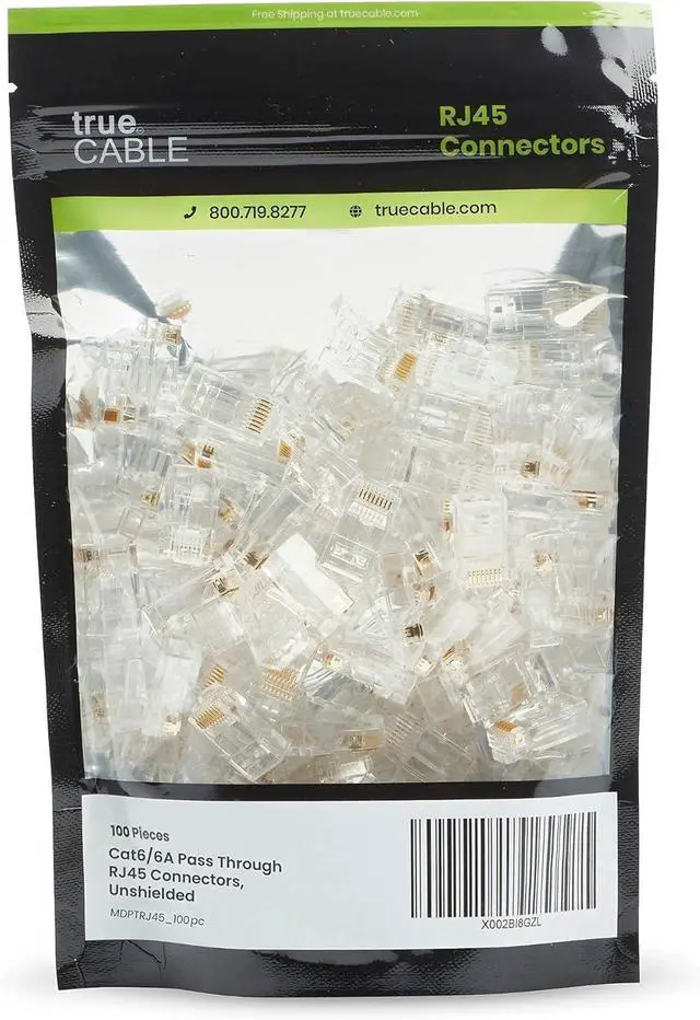 Alt view image 2 of 7 - trueCABLE Cat6/6A RJ45 Pass Through Connectors, Unshielded (UTP) Modular Plug, UL Listed, EZ Crimp End, Gold Plated 3 Prong 8P8C, 100 Pieces
