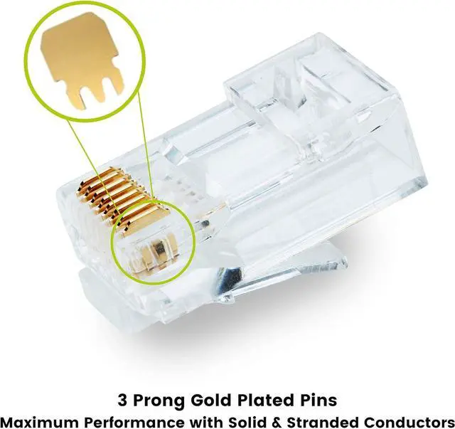 Alt view image 3 of 7 - trueCABLE Cat6/6A RJ45 Pass Through Connectors, Unshielded (UTP) Modular Plug, UL Listed, EZ Crimp End, Gold Plated 3 Prong 8P8C, 100 Pieces