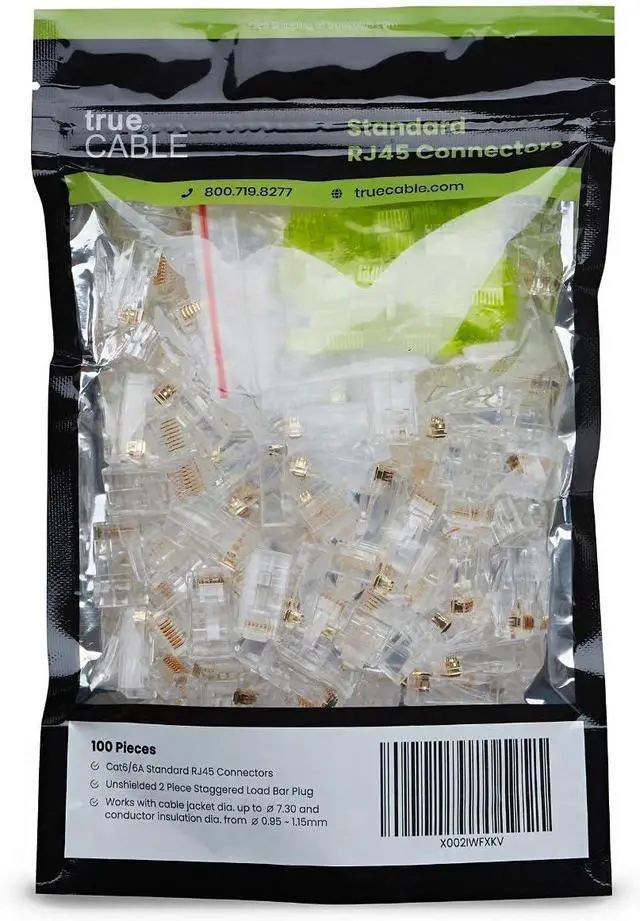 Alt view image 2 of 7 - trueCABLE Cat6/6A RJ45 Connectors, Staggered, Unshielded (UTP) Modular Plug, UL Listed, Load Bar, Gold Plated 3 Prong 8P8C, 100 Pieces