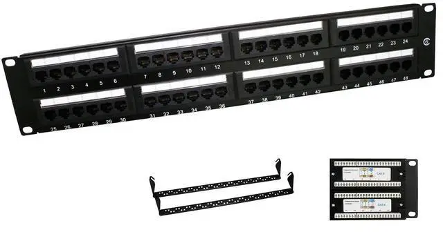 Main image of 48 Port Cat5e UTP Patch Panel, SPCC Material with Black Powder Coating, Brass Housing, Nickel-Plated Construction, Integrated Cable Management