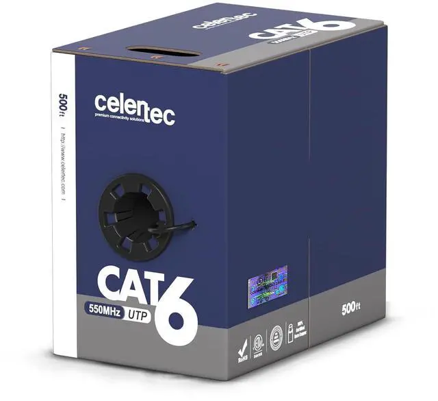 Main image of celertec Cat6 Plenum Cable, 500ft, UTP(Unshielded Twisted Pair), 23AWG Solid Bare Copper, 550MHz, UL Listed &CMP Rated, Bulk Ethernet Cable-Black