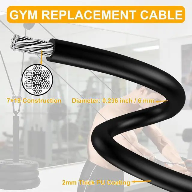 Alt view image 2 of 7 - Upgraded 32.8Ft/98.4Ft Fitness Pulley Cable, 30% Thickened & Smoother PU Coating, Universal Steel Cable Replacement for LAT Pulley Machine, Home Gym Accessories (1/4"/ 6mm Thick)