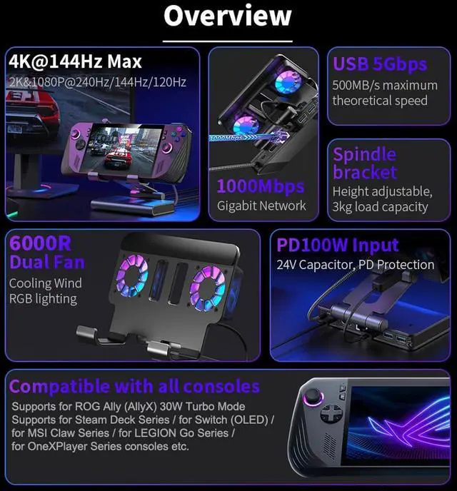 Alt view image 2 of 7 - Docking Station Stand for ROG Ally X for Steam Deck, for MSI Claw, for Legion Go with Dual Fans, 4K 144Hz HDMI 2.1 100W PD USB 3.2 Gigabit Ethernet Adjustable Stand (with Lights)