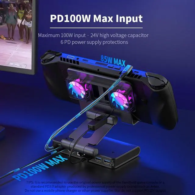 Alt view image 5 of 7 - Docking Station Stand for ROG Ally X for Steam Deck, for MSI Claw, for Legion Go with Dual Fans, 4K 144Hz HDMI 2.1 100W PD USB 3.2 Gigabit Ethernet Adjustable Stand (with Lights)