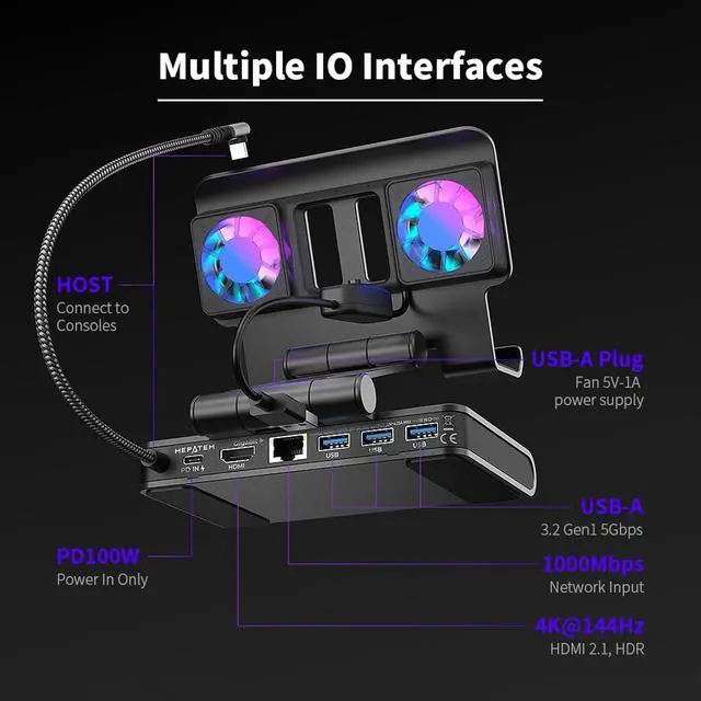 Alt view image 7 of 7 - Docking Station Stand for ROG Ally X for Steam Deck, for MSI Claw, for Legion Go with Dual Fans, 4K 144Hz HDMI 2.1 100W PD USB 3.2 Gigabit Ethernet Adjustable Stand (with Lights)