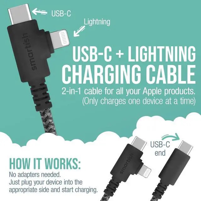 Alt view image 5 of 7 - Smartish Cable Wrangler and Charger Bundle - Cable Wrangler Organizer with 2-in-1 USB-C to USB-C/Lightning Cable Fast Charger 100W - Teal Me More