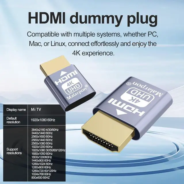 Alt view image 2 of 7 - HDMI Dummy Plug fit-Headless Display Emulator DDC EDID Headless Ghos with Windows Mac OSX Linux Great for Graphics Acceleration Support 3840x2160@60Hz 6P