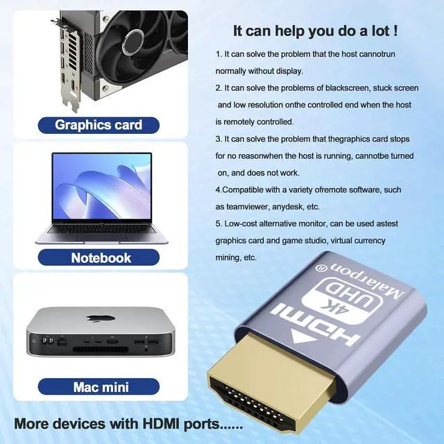Alt view image 4 of 7 - HDMI Dummy Plug fit-Headless Display Emulator DDC EDID Headless Ghos with Windows Mac OSX Linux Great for Graphics Acceleration Support 3840x2160@60Hz 6P