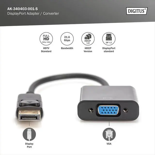 Alt view image 2 of 6 - DIGITUS 0.15m DP Male to HD15 Female DisplayPort Adapter Cable - Black