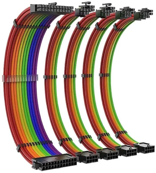 Main image of 350mm PSU Extension Cable Kit Motherboard 24Pin GPU PCI-E 6+2Pin 8Pin CPU EPS 4+4Pin 18AWG Power Cord(Rainbow 5Cables)