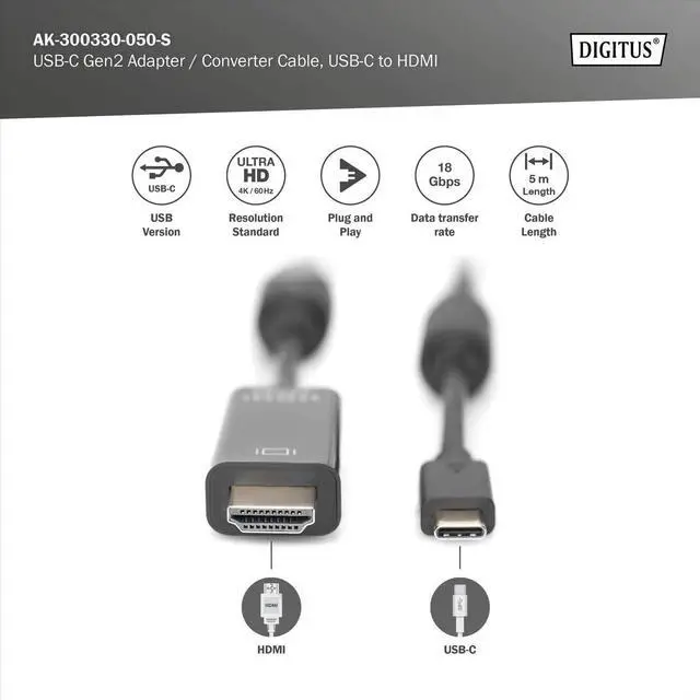Alt view image 2 of 7 - Digitus USB Type-C Adapter Cable, Type C to HDMI A M/5.0m, 4K/60Hz, 18GB, CE, sw, Gold