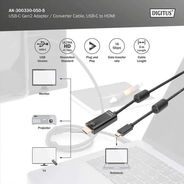 Alt view image 3 of 7 - Digitus USB Type-C Adapter Cable, Type C to HDMI A M/5.0m, 4K/60Hz, 18GB, CE, sw, Gold