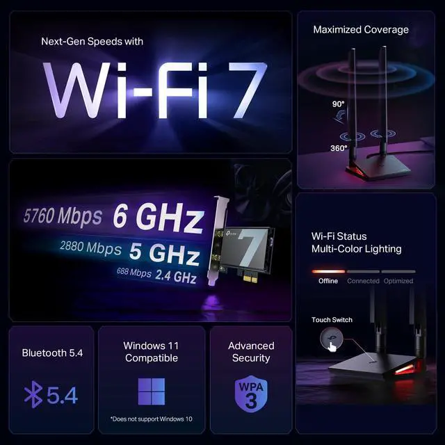 Alt view image 2 of 7 - TP-Link WiFi 7 BE9300 PCIe WiFi Card for Desktop PC(Archer TBE550E), Tri-Band Wireless Adapter, Bluetooth 5.4, Multicolor Status LED, Supports AMD/Intel, Not Compatible with Windows 10/Linux