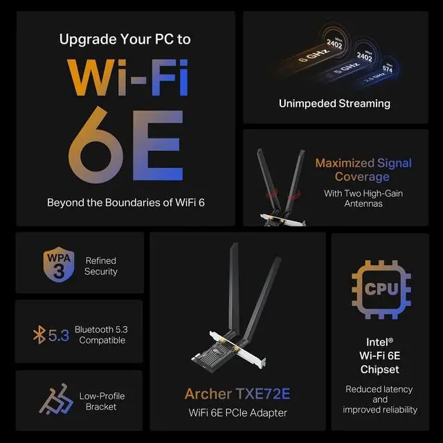 Alt view image 2 of 6 - TP-Link WiFi 6E Intel AX210 AXE5400 PCIe WiFi Card for Desktop PC - (Archer TXE72E), Bluetooth 5.3, WPA3, 802.11ax Tri Band Wireless Adapter with MU-MIMO, OFDMA, Ultra-Low Latency, for Windows 10,11