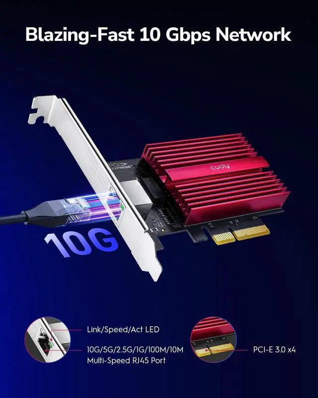 Alt view image 2 of 7 - Cudy 10GB PCIe Network Card, 10G Base-T PCIe Adapter, Flow Control, PCIe to 10 Gigabit Ethernet Adapter, Supports Windows 11/10, WindowsServer 2022 and Linux, Including Network Cable
