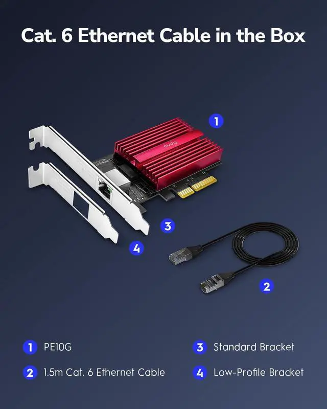 Alt view image 6 of 7 - Cudy 10GB PCIe Network Card, 10G Base-T PCIe Adapter, Flow Control, PCIe to 10 Gigabit Ethernet Adapter, Supports Windows 11/10, WindowsServer 2022 and Linux, Including Network Cable