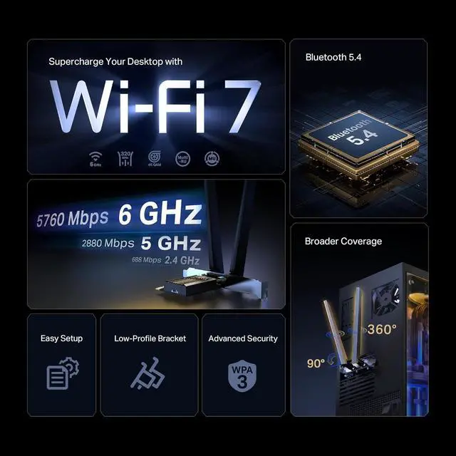Alt view image 2 of 7 - TP-Link WiFi 7 BE9300 PCIe WiFi Card for PC Archer TBE552E| Tri-Band Network Card | Bluetooth 5.4 | High-Gain Antenna | MLO, WPA3| Supports AMD/Intel Motherboard| Not Compatible with Windows 10/Linux