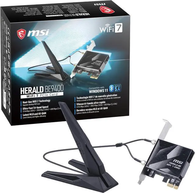 Main image of MSI Herald WiFi 7 PCIe Card for Desktop PC BE9400 Tri-Band, Bluetooth 5.4, 6GHz, MLO, 320MHz, 5.8Gbps