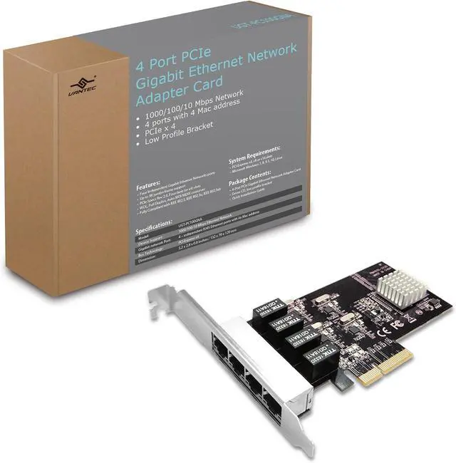 Main image of Vantec 4-Port PCIe Gigabit Ethernet Network Card with Low Profile Bracket 9K Jumbo Frame for PCIe x4/x8/x16 Slot Black/Silver (UGT-PC100GNA)