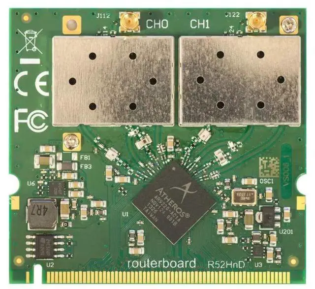 Main image of Mikrotik R52HnD MiniPCI Wireless Card 2.4 or 5GHz 400mW 802.11a/b/g/n 2XMMCX Improved ESD Protection