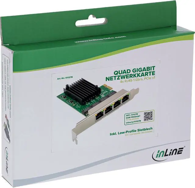 Alt view image 7 of 7 - Inline Quad Gigabit Network Card 4X RJ45 1Gb/s PCIe x1 with Low Profile Bracket 51127B