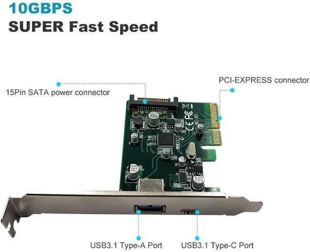 Alt view image 2 of 4 - PCI-E to USB3.1(Type A + Type C) PCI Express Expansion Card USB3.1 Hub Controller Adapter Superspeed 10Gbps Internal 15Pin Power Connector with Asmedia Chipset
