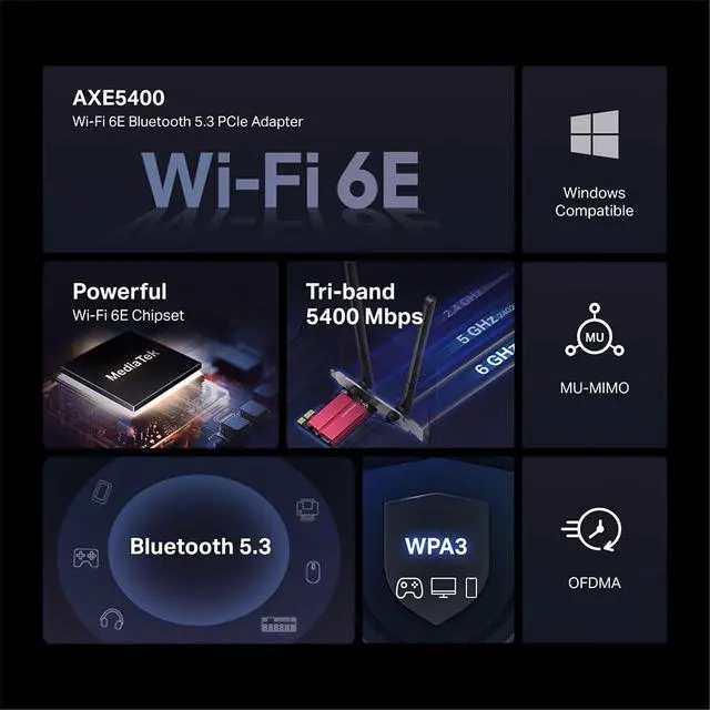 Alt view image 2 of 6 - Mercusys MA86XE Wi-Fi 6E PCIe Network Card AXE5400, Tri-Band Adapter with Bluetooth 5.2, MU-MIMO, OFDMA, WPA3 Encryption Standard, Compatible with Windows 11 and 10