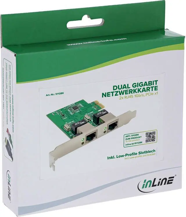 Alt view image 7 of 7 - InLine 51128K Dual Gigabit Network Card with 2X RJ45 PCIe x1 with Low Profile Slot Bracket VLAN Jumbo Frames Energy Efficient