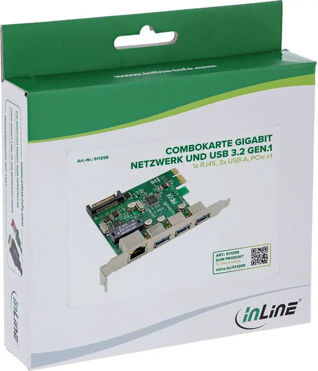 Alt view image 7 of 7 - InLine® Gigabit and USB 3.2 Gen.1 Network Combo Card, 1 x RJ45, 3 x USB-A, PCIe x1, 51125R