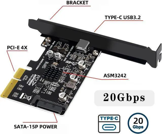 Alt view image 2 of 7 - CY Card USB 3.2 Gen2 Type-C 20Gbps USB-C to PCI-E 4X Express Adapter for Desktop Motherboard
