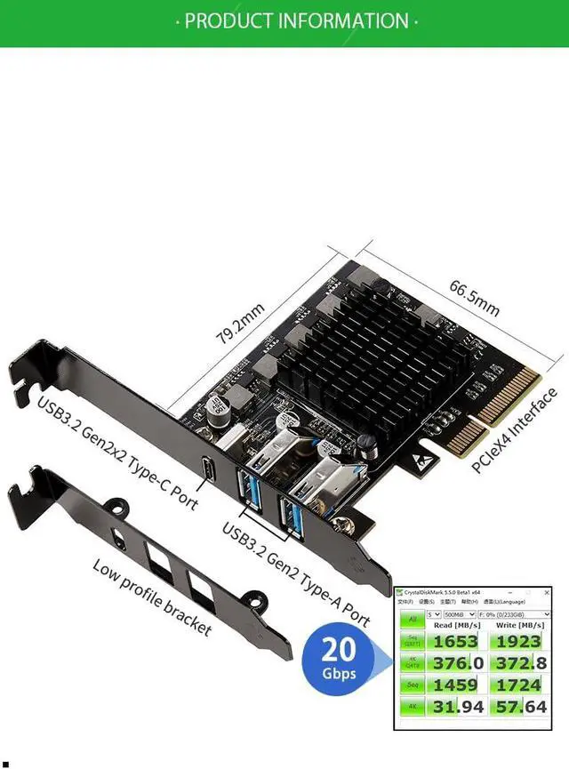Alt view image 5 of 6 - 2 Port USB Type A 3.2 and Single Port USB-C 3.2 Gen 2x2 PCI-e Gen 3 x4 Expansion Card