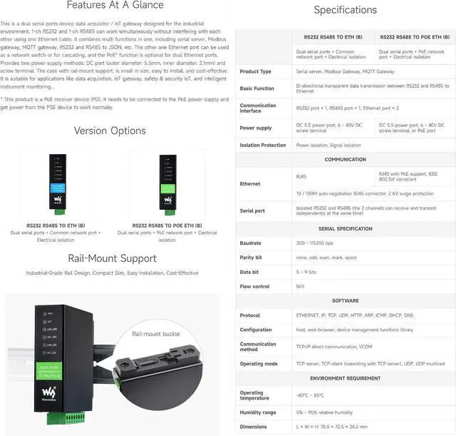 Alt view image 4 of 7 - Waveshare RS232 RS485 to RJ45 Ethernet Serial Server, RS232 and RS485 Dual Channels Independent Operation, Dual Ethernet Ports, PoE Network Port